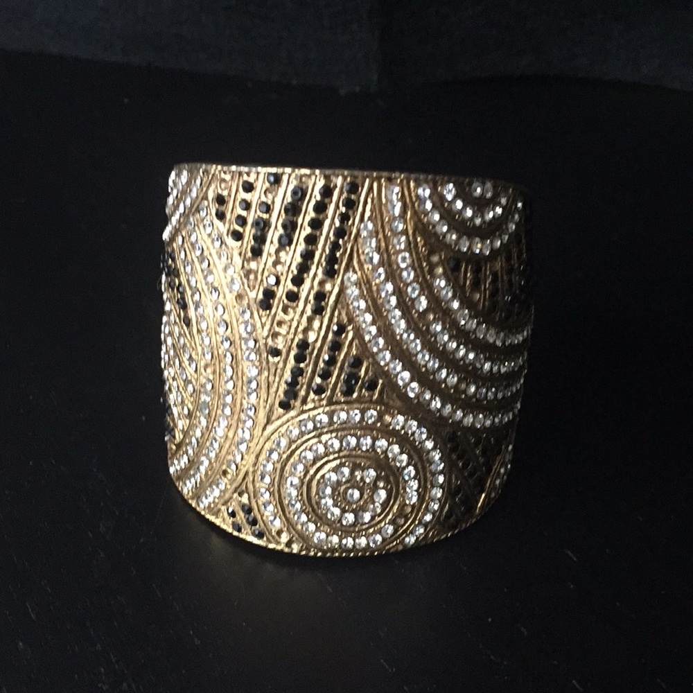 Vintage Gold Cuff Bracelet w/Black & Rhinestones